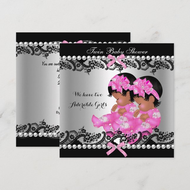 Invitación Chicas gemelos afroamericanos Baby Shower de rosa  (Anverso / Reverso)