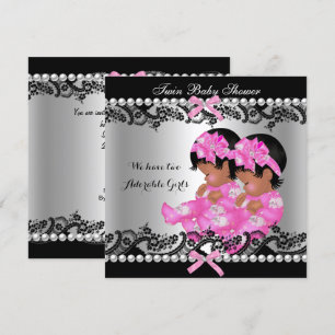 Invitación Chicas gemelos afroamericanos Baby Shower de rosa