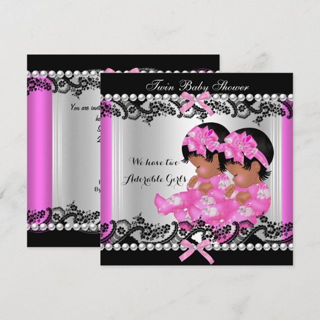 Invitación Chicas gemelos afroamericanos Baby Shower Hot Pink (Anverso / Reverso)