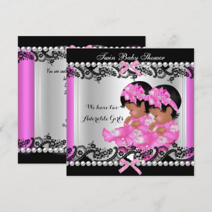 Invitación Chicas gemelos afroamericanos Baby Shower Hot Pink