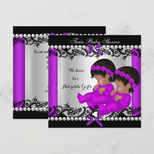 Invitación Chicas gemelos afroamericanos Baby Shower Purple (Anverso / Reverso)