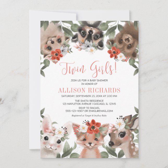 Invitación Chicas gemelos animales de bosque de flores de beb (Anverso)