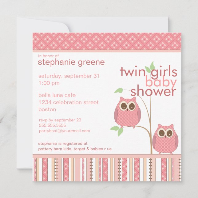Invitación Chicas gemelos Baby Owl PInk Baby Shower (Anverso)