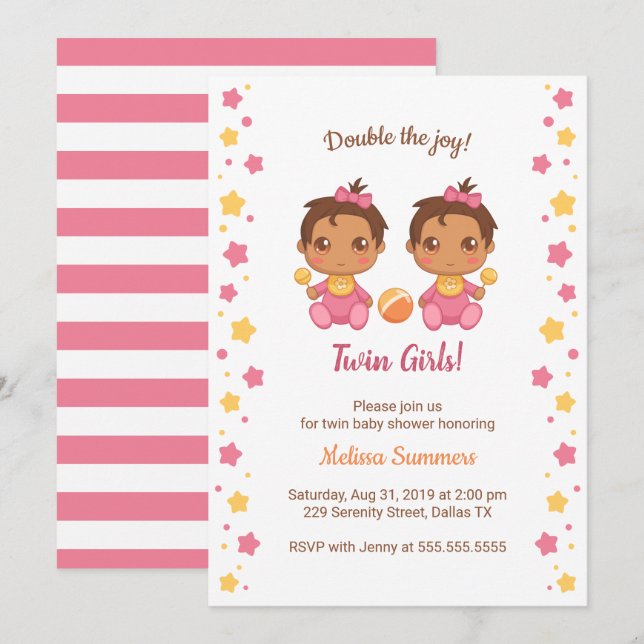 Invitación Chicas gemelos Baby Shower 2 (Anverso / Reverso)