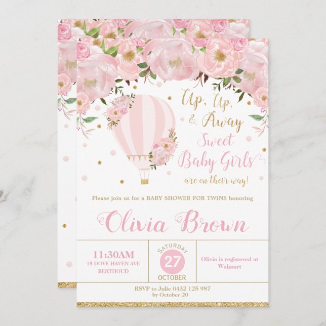 Invitación Chicas gemelos Baby Shower con globo aerostático (Anverso / Reverso)