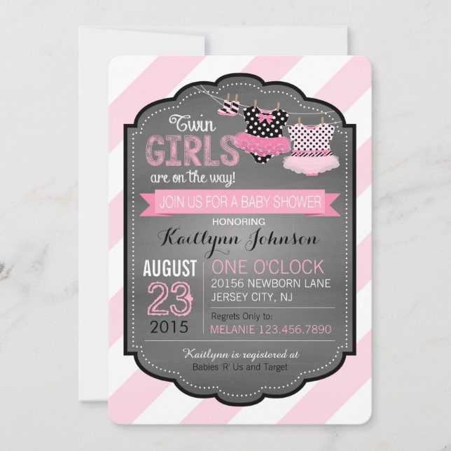 Invitación Chicas gemelos Baby Shower del tutú y de la raya (Anverso)
