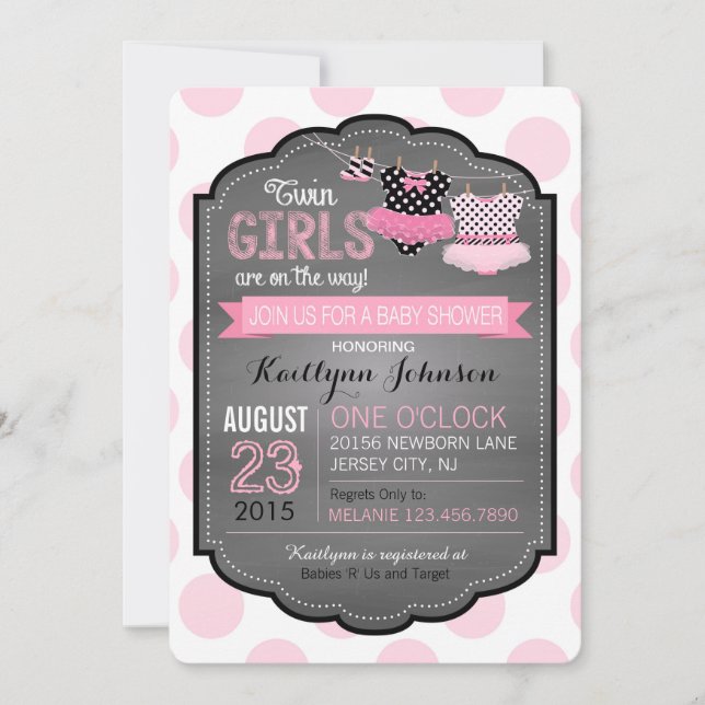 Invitación Chicas gemelos Baby Shower del tutú y del punto (Anverso)