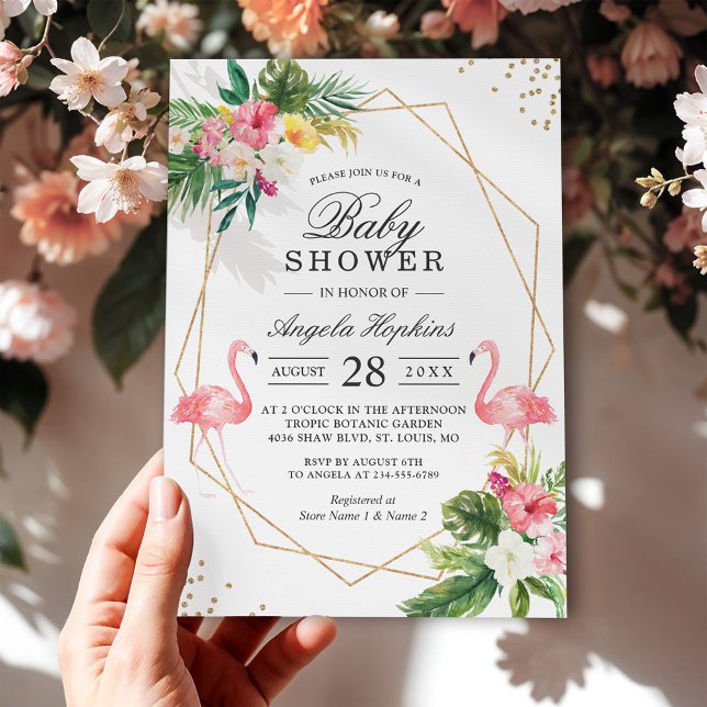 Invitación Chicas gemelos Baby Shower Flamingos Florales Trop (Subido por el creador)