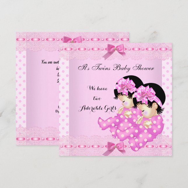 Invitación Chicas gemelos Baby Shower puntos rosados de polka (Anverso / Reverso)
