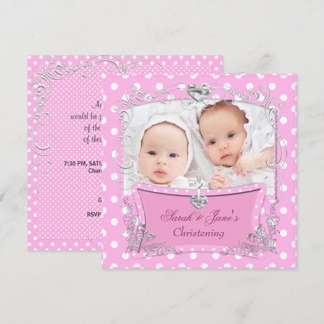 Invitación Chicas gemelos Bebé Christening Baptism Pink (Anverso / Reverso)