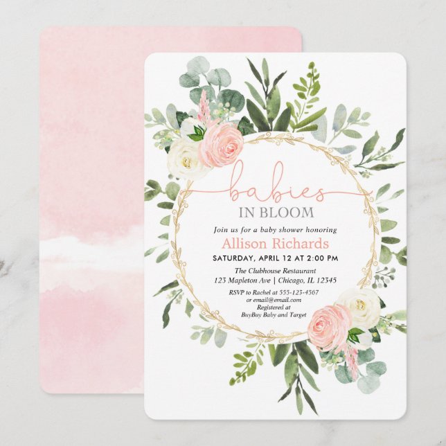 Invitación Chicas gemelos bebés en flor de oro rosa verde (Anverso / Reverso)