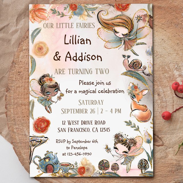 Invitación Chicas gemelos Birthday Forest Fairy Fiesta (Subido por el creador)