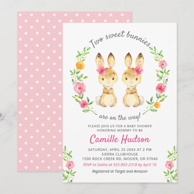 Invitación Chicas gemelos Bunny Floral Rosa Baby Shower Sprin (Anverso / Reverso)