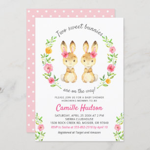 Invitación Chicas gemelos Bunny Floral Rosa Baby Shower Sprin
