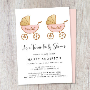 Invitación Chicas gemelos Carriage Watercolor Baby Shower