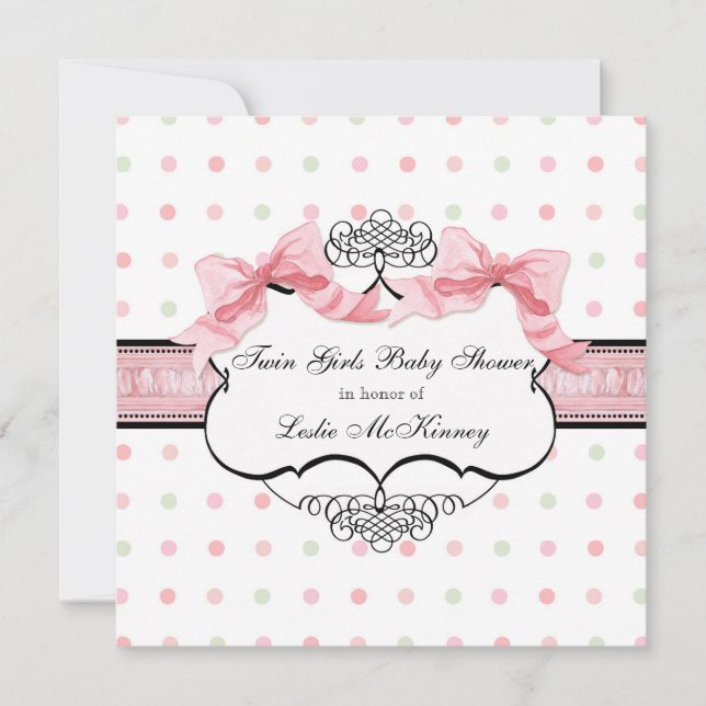 Invitación Chicas gemelos Cinta Rosa Bow Swirl (Anverso)