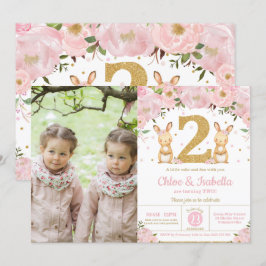 Invitación Chicas gemelos Conejo Conejo Conejo Segundo cumple