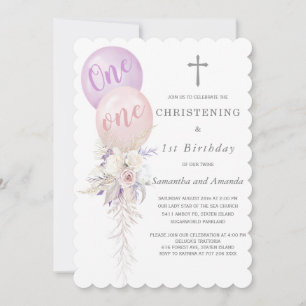 Invitación Chicas gemelos cristianos y primer cumpleaños
