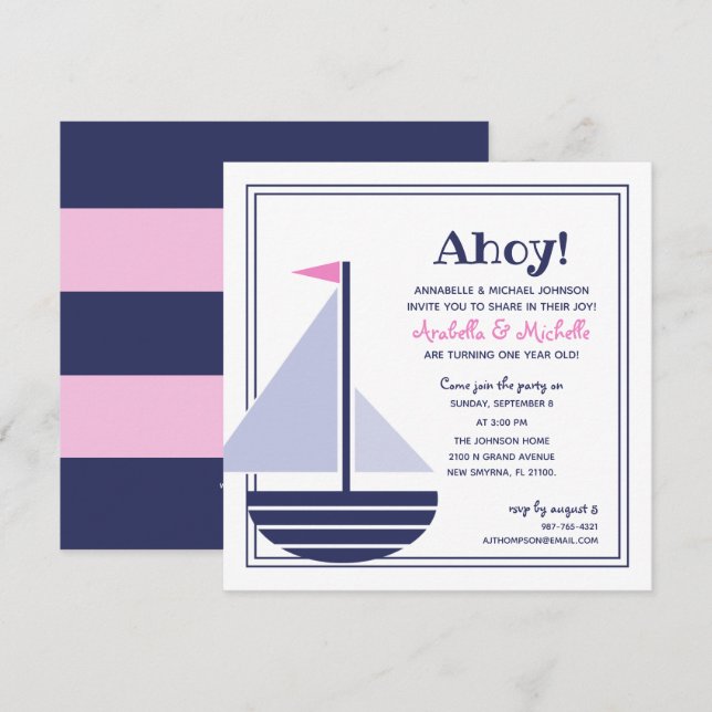 Invitación chicas gemelos CUALQUIER PARTIDO DE CUMPLEAÑOS DE  (Anverso / Reverso)