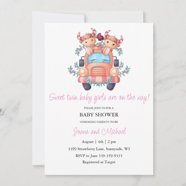 Invitación Chicas gemelos Cute Cows Pink Car Baby Shower (Anverso)