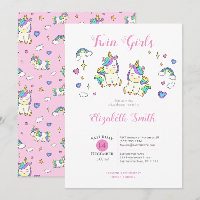 Invitación Chicas gemelos Cute unicorn ducha de bebé Invitaci (Anverso / Reverso)