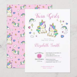 Invitación Chicas gemelos Cute unicornio ducha de bebé Invita