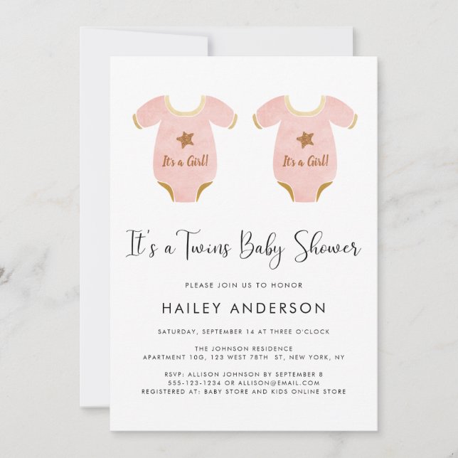 Invitación Chicas gemelos Cute Watercolor Baby Shower (Anverso)