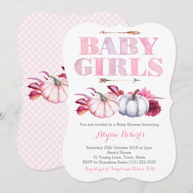 Invitación Chicas gemelos de calabazas rosadas Baby Shower (Anverso / Reverso)