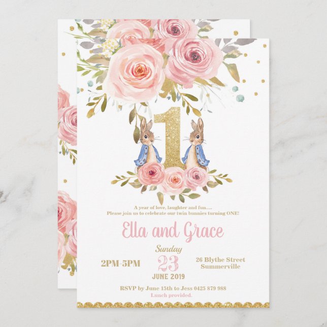 Invitación Chicas gemelos de conejo conejo conejo primer cump (Anverso / Reverso)
