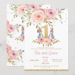 Invitación Chicas gemelos de conejo conejo conejo primer cump