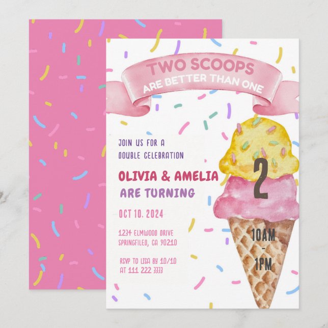 Invitación Chicas gemelos de Crema de Hielo Dos Escuelas Cump (Anverso / Reverso)