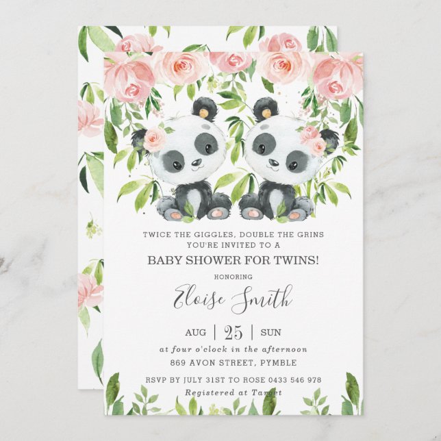 Invitación Chicas gemelos de flores rosadas de Cute Panda Bab (Anverso / Reverso)