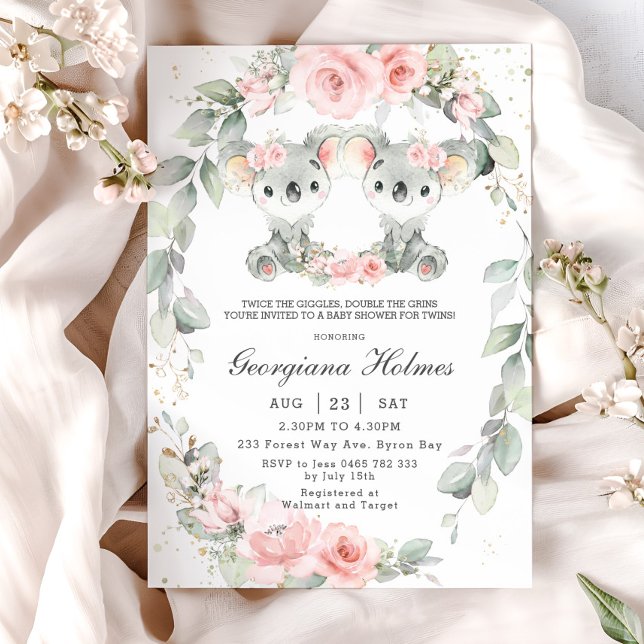 Invitación Chicas gemelos de flores rosadas de Koalas Baby Sh (twins girls koala bears blush pink floral sage greenery wreath baby shower invitation cards digital)