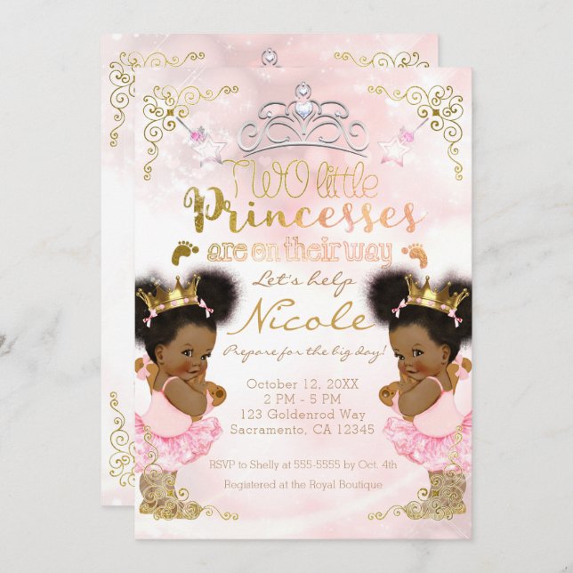 Invitación Chicas gemelos de la corona de la princesa Tutu Ba (Anverso / Reverso)