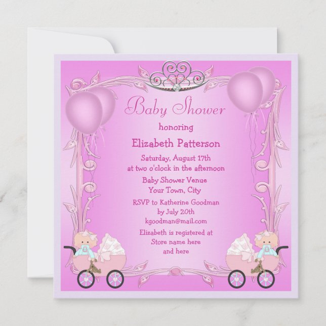 Invitación Chicas gemelos de princesa rosa en Baby Shower Str (Anverso)