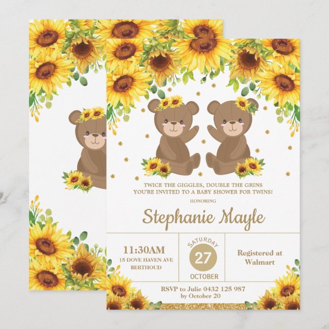 Invitación Chicas gemelos de Teddy Bear Sunflower Floral Baby (Anverso / Reverso)