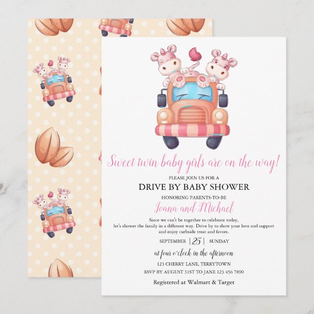 Invitación Chicas gemelos de Unicornio, Baby Shower Pink Driv (Anverso / Reverso)