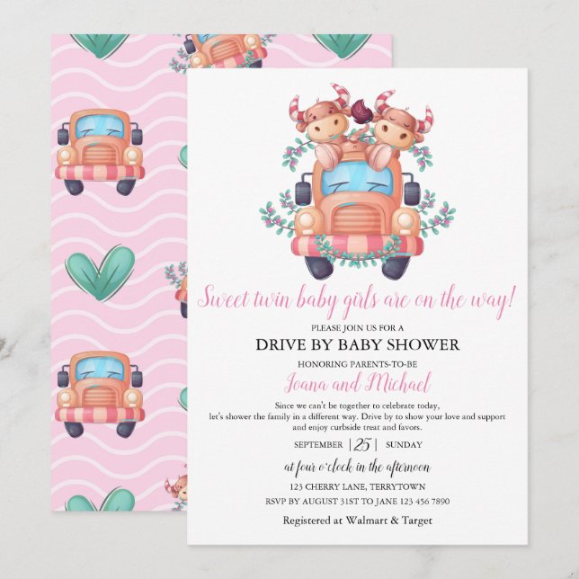 Invitación Chicas gemelos de vacas pequeñas Baby Shower atrav (Anverso / Reverso)