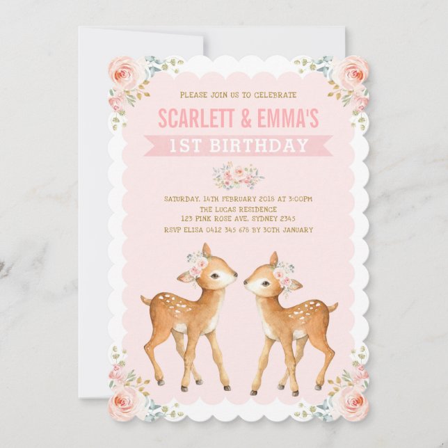 Invitación Chicas gemelos deer primerísima floral rosa (Anverso)