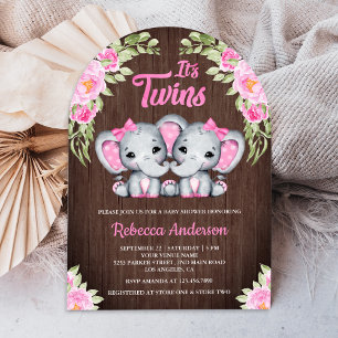 Invitación Chicas gemelos Elefante Floral Rosa Baby Shower