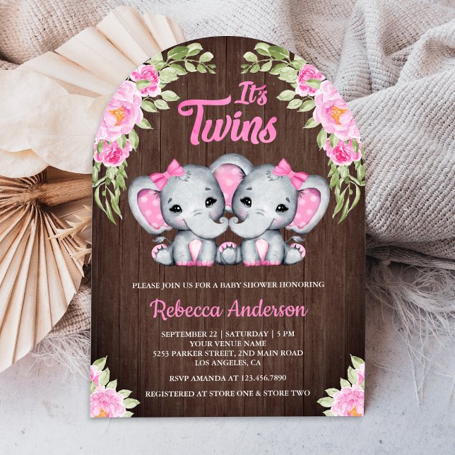 Invitación Chicas gemelos Elefante Floral Rosa Baby Shower (Subido por el creador)