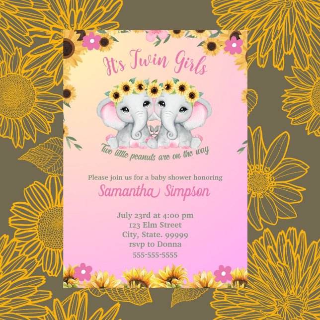Invitación Chicas gemelos Elefante Rosa Baby Shower (Subido por el creador)