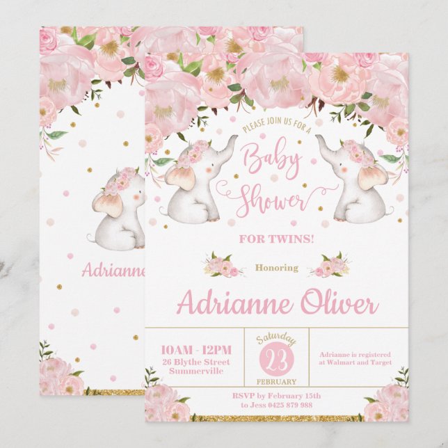 Invitación Chicas gemelos Elefantes Florales Rosa Baby Shower (Anverso / Reverso)
