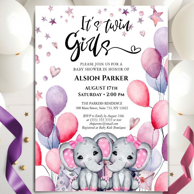 Invitación Chicas gemelos elefantes globos rosados adoran Bab (Subido por el creador)