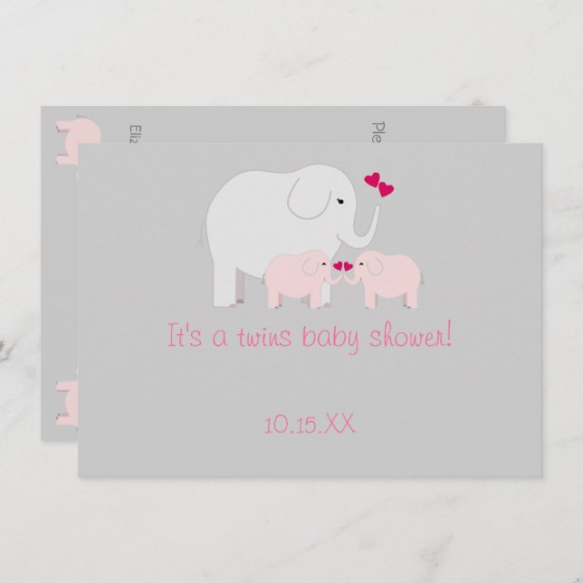 Invitación Chicas gemelos Elephant Baby Shower (Anverso / Reverso)