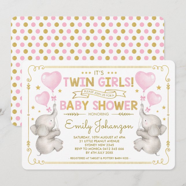 Invitación Chicas gemelos Elephant Baby Shower Selva de Oro R (Anverso / Reverso)