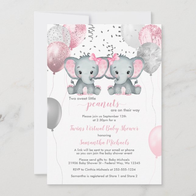 Invitación Chicas gemelos Elephant Globalizan Baby Shower vir (Anverso)