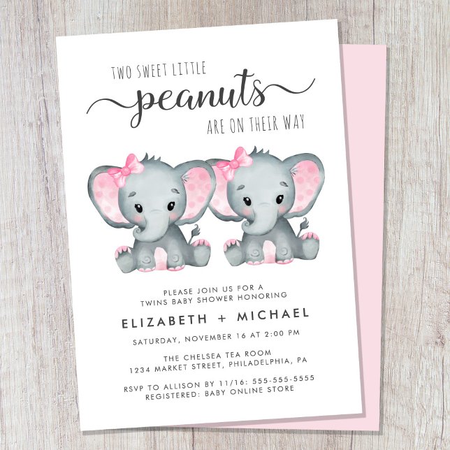 Invitación Chicas gemelos Elephant Parejas Baby Shower (Cute twin girls couples baby shower invitation)
