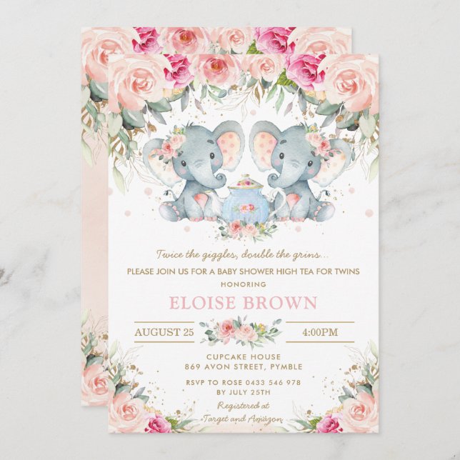 Invitación Chicas gemelos Elephant Rubor Floral Tea Baby Show (Anverso / Reverso)