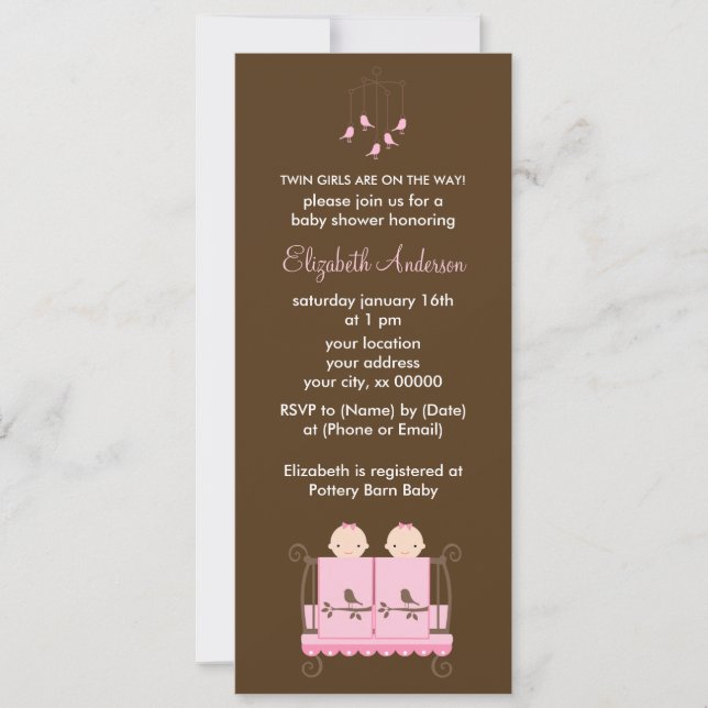 Invitación Chicas gemelos en Baby Shower de cuna rosa (Anverso)